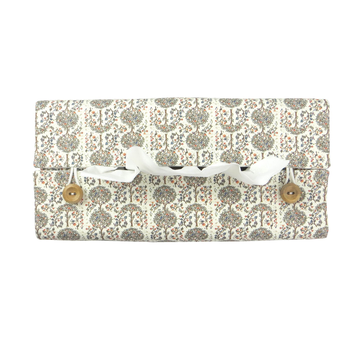 Linen rectangle tissue box cover with  a mini orchard grove pattern