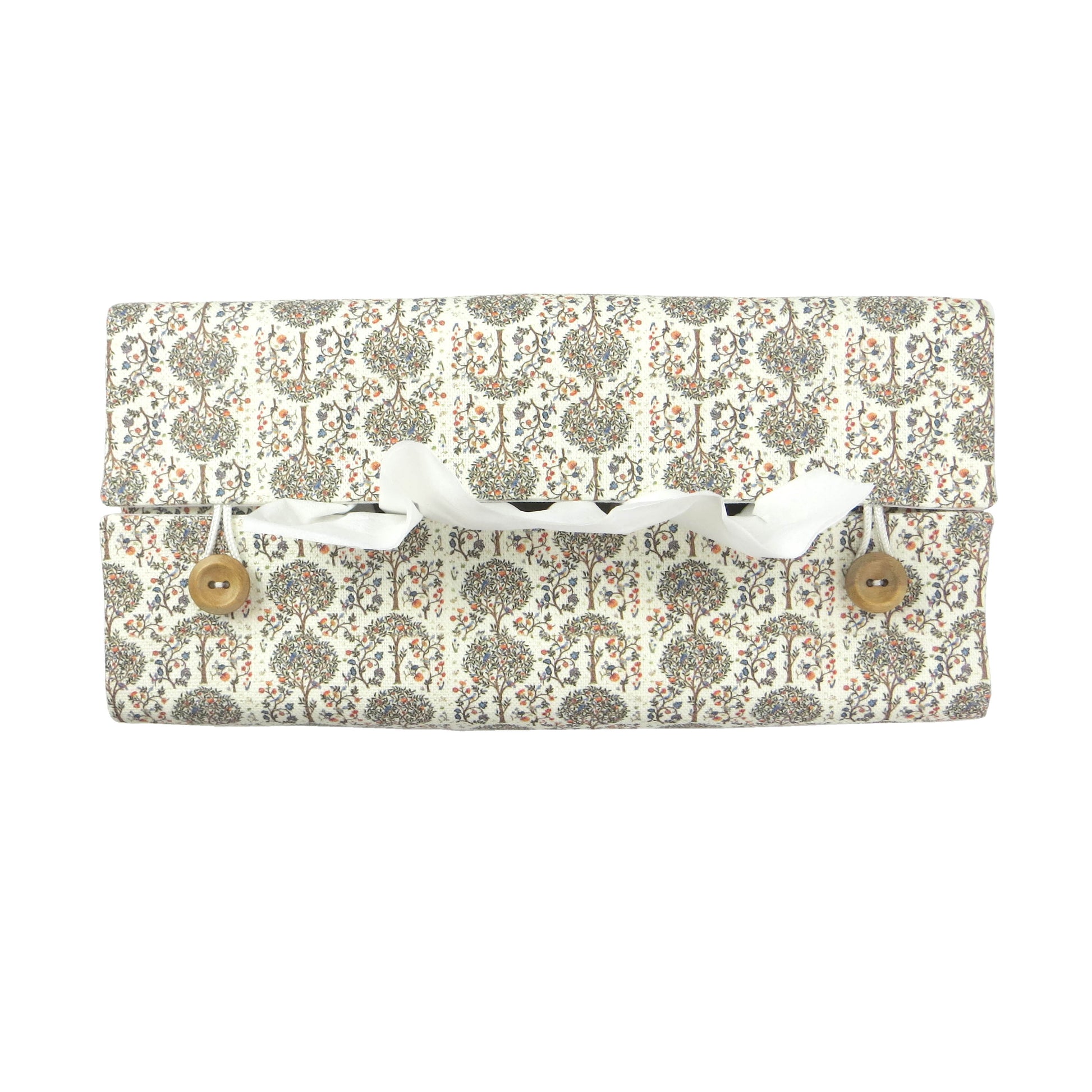 Linen rectangle tissue box cover with  a mini orchard grove pattern
