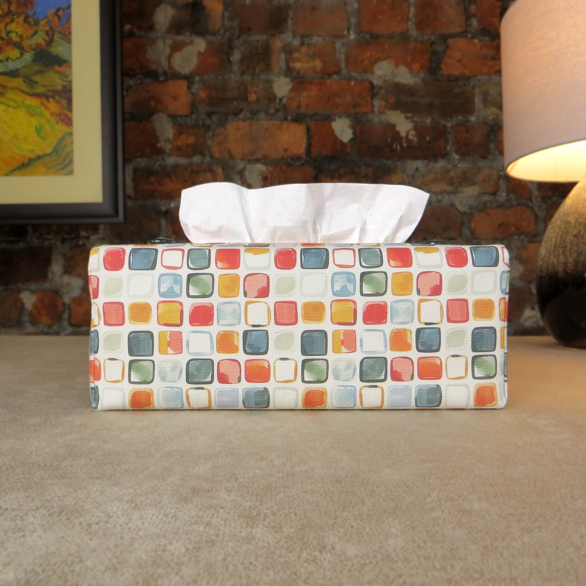 Cotton rectangle tissue box cover with multicoloured watercolour-style squares