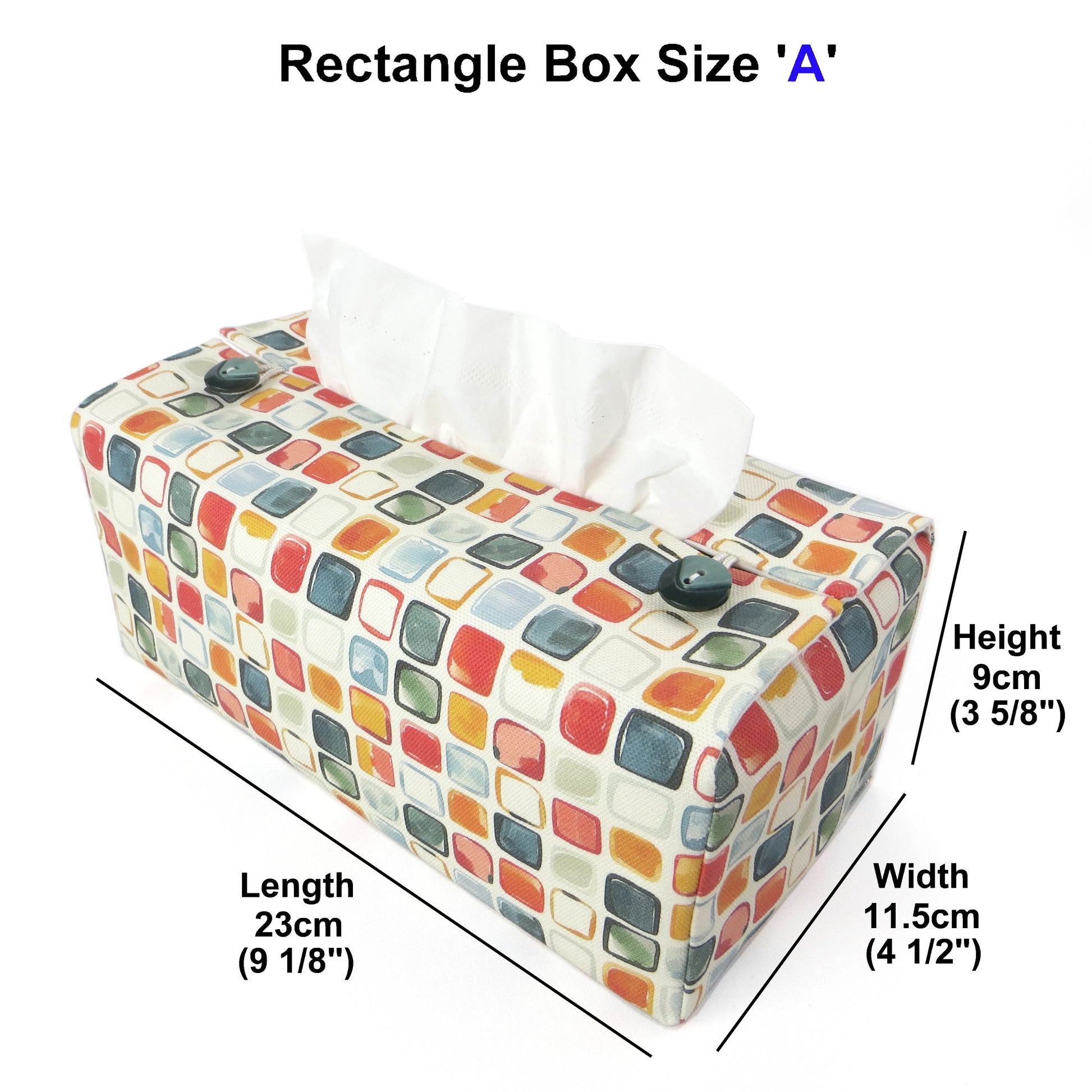 Cotton rectangle tissue box cover with multicoloured watercolour-style squares