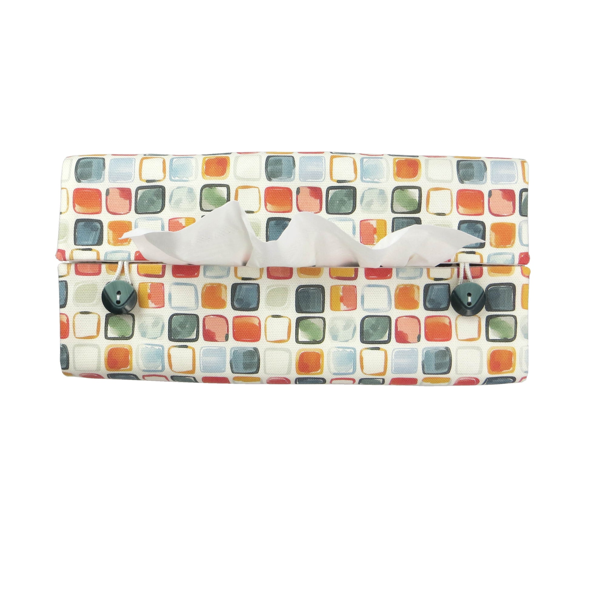 Cotton rectangle tissue box cover with multicoloured watercolour-style squares