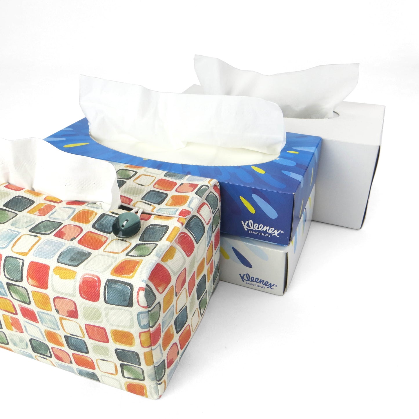 Cotton rectangle tissue box cover with multicoloured watercolour-style squares