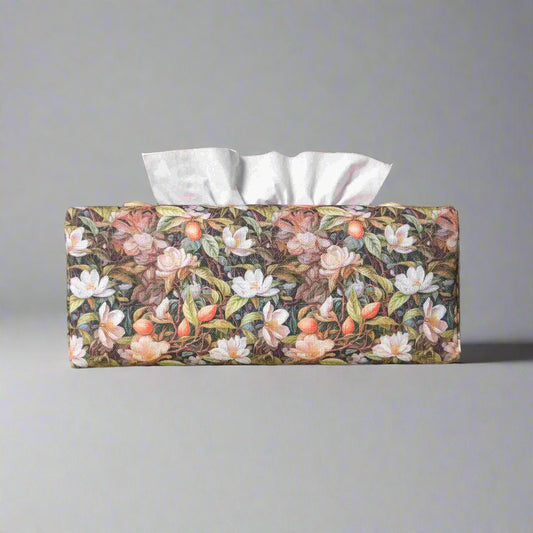 Linen rectangle tissue box cover with floral forest design