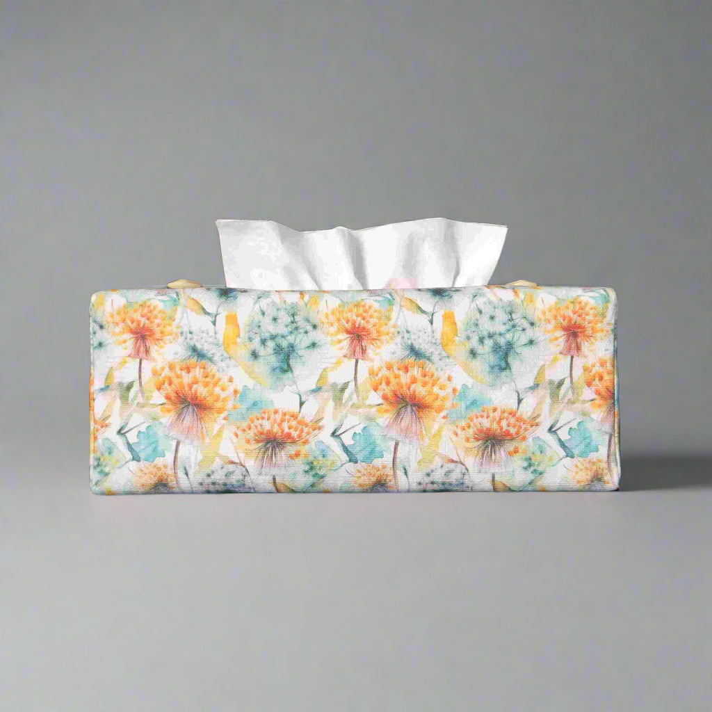 Linen rectangular tissue box cover with watercolour-style dandelion design in yellow and blue