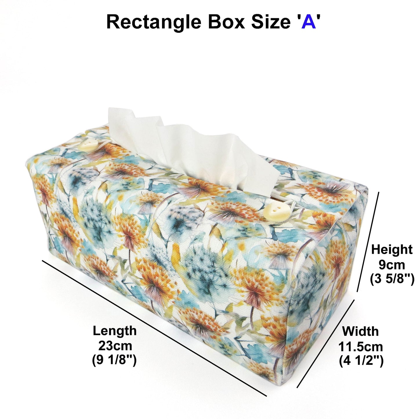 Linen rectangular tissue box cover with watercolour-style dandelion design in yellow and blue