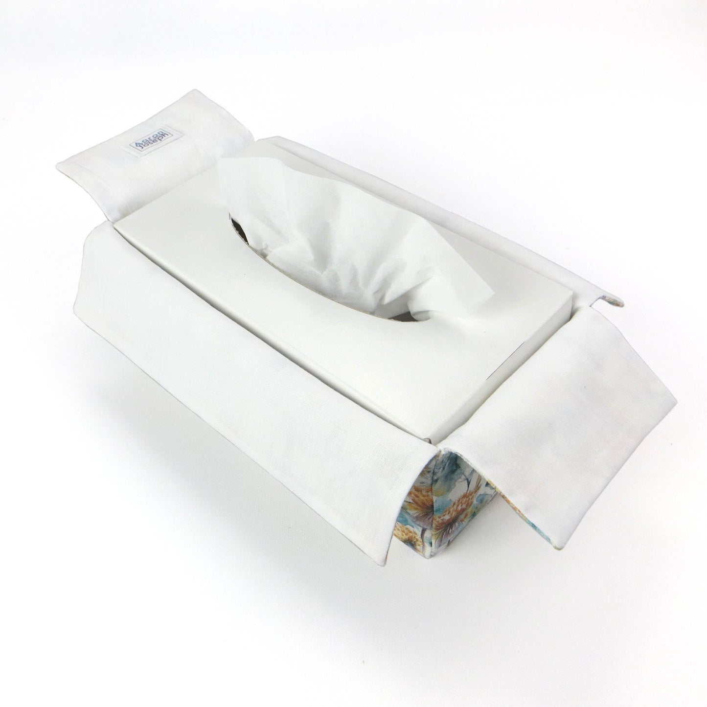 Linen rectangular tissue box cover with watercolour-style dandelion design in yellow and blue