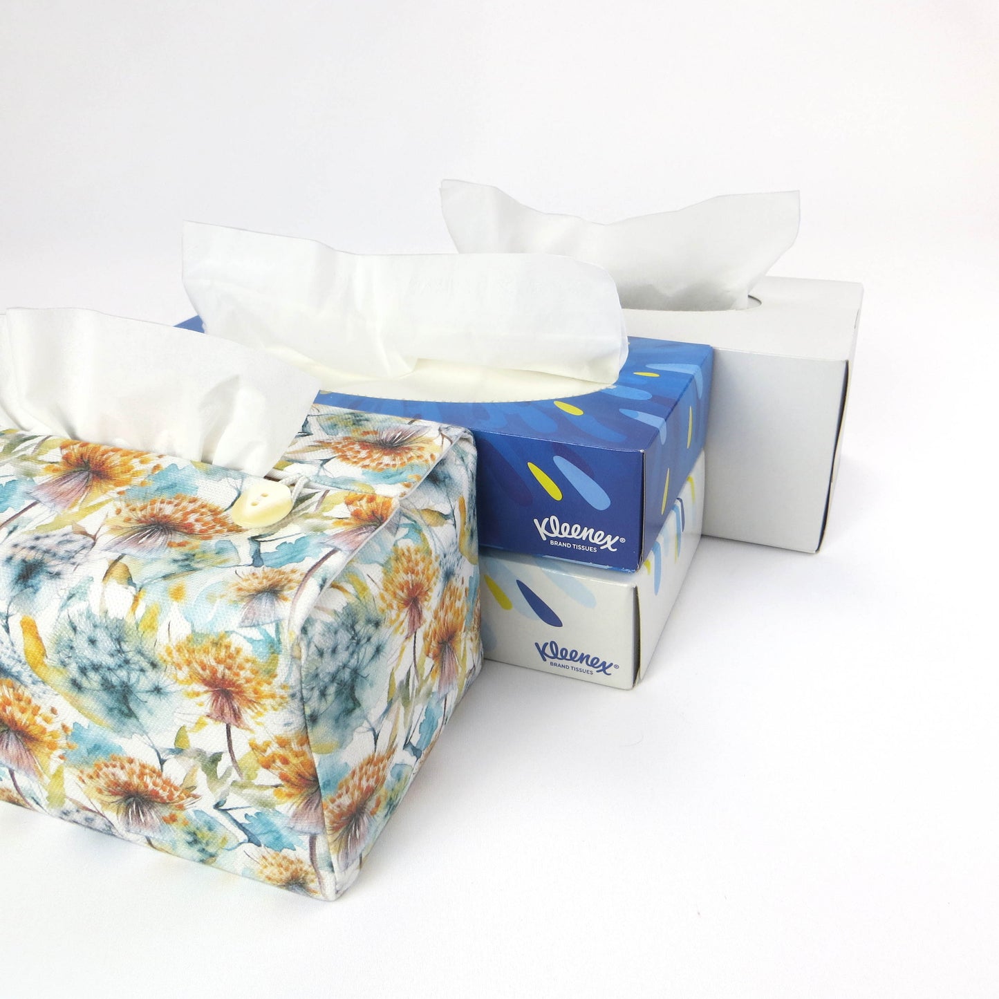 Linen rectangular tissue box cover with watercolour-style dandelion design in yellow and blue