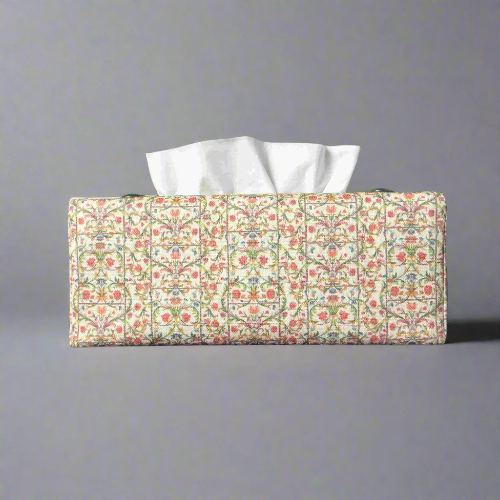 Linen rectangle tissue box cover with green vines with red and blue blossoms
