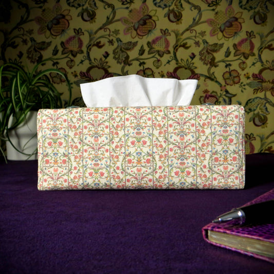 Rectangular Fabric Tissue Box Cover - Regal Floral Ornamental Design on Linen