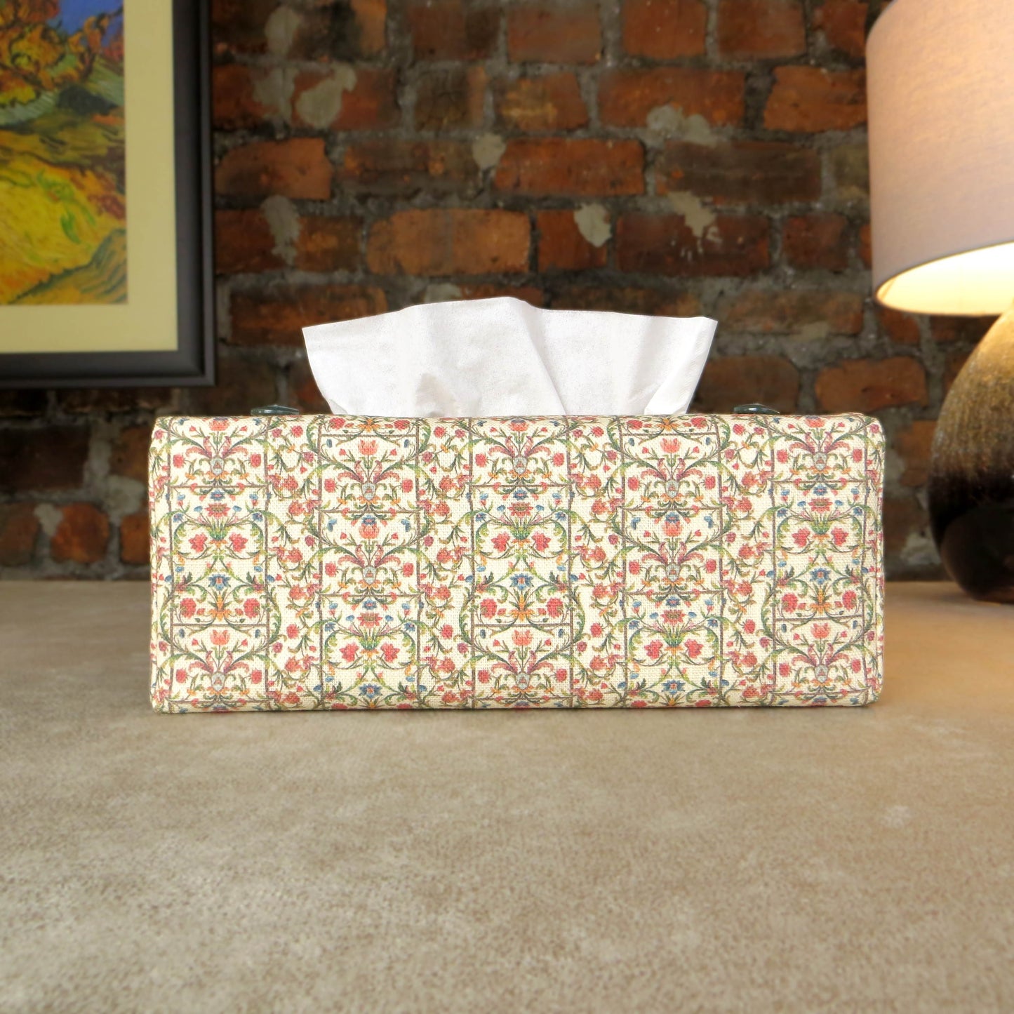Linen rectangle tissue box cover with green vines with red and blue blossoms