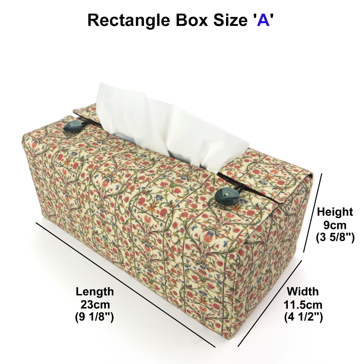 Linen rectangle tissue box cover with green vines with red and blue blossoms
