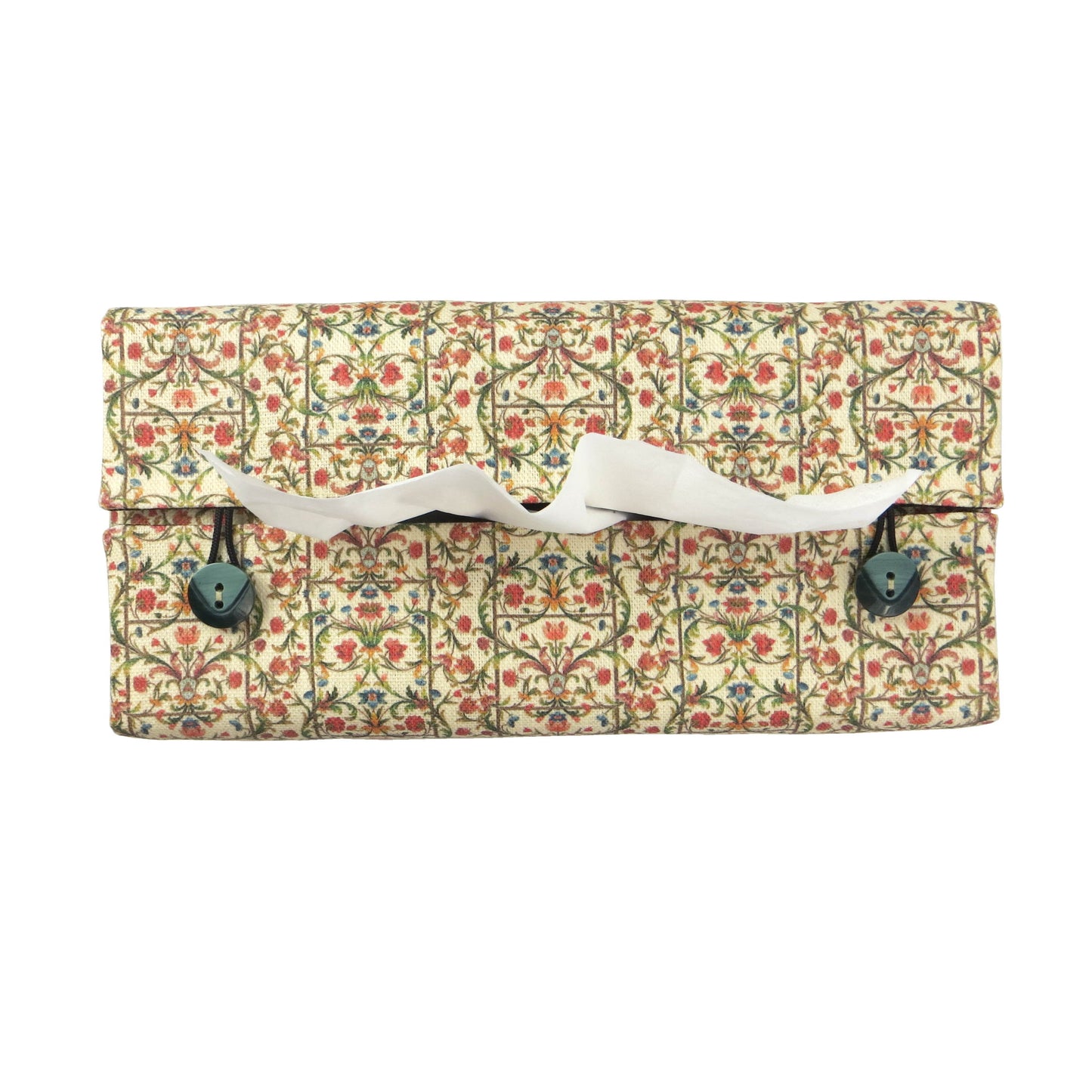 Linen rectangle tissue box cover with green vines with red and blue blossoms