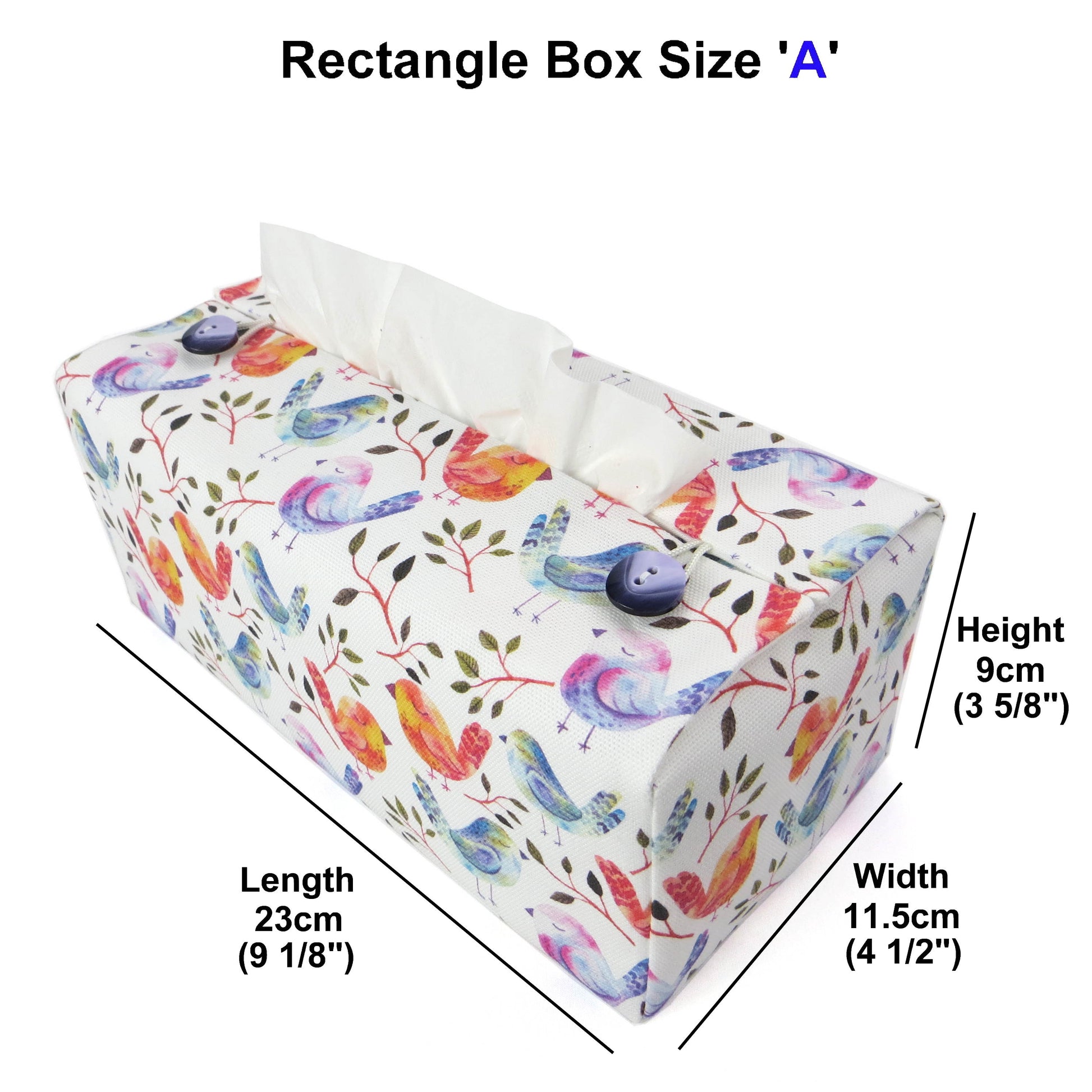 Cotton rectangle tissue box cover with watercolour style blue, purple, and orange sleeping birds on white background