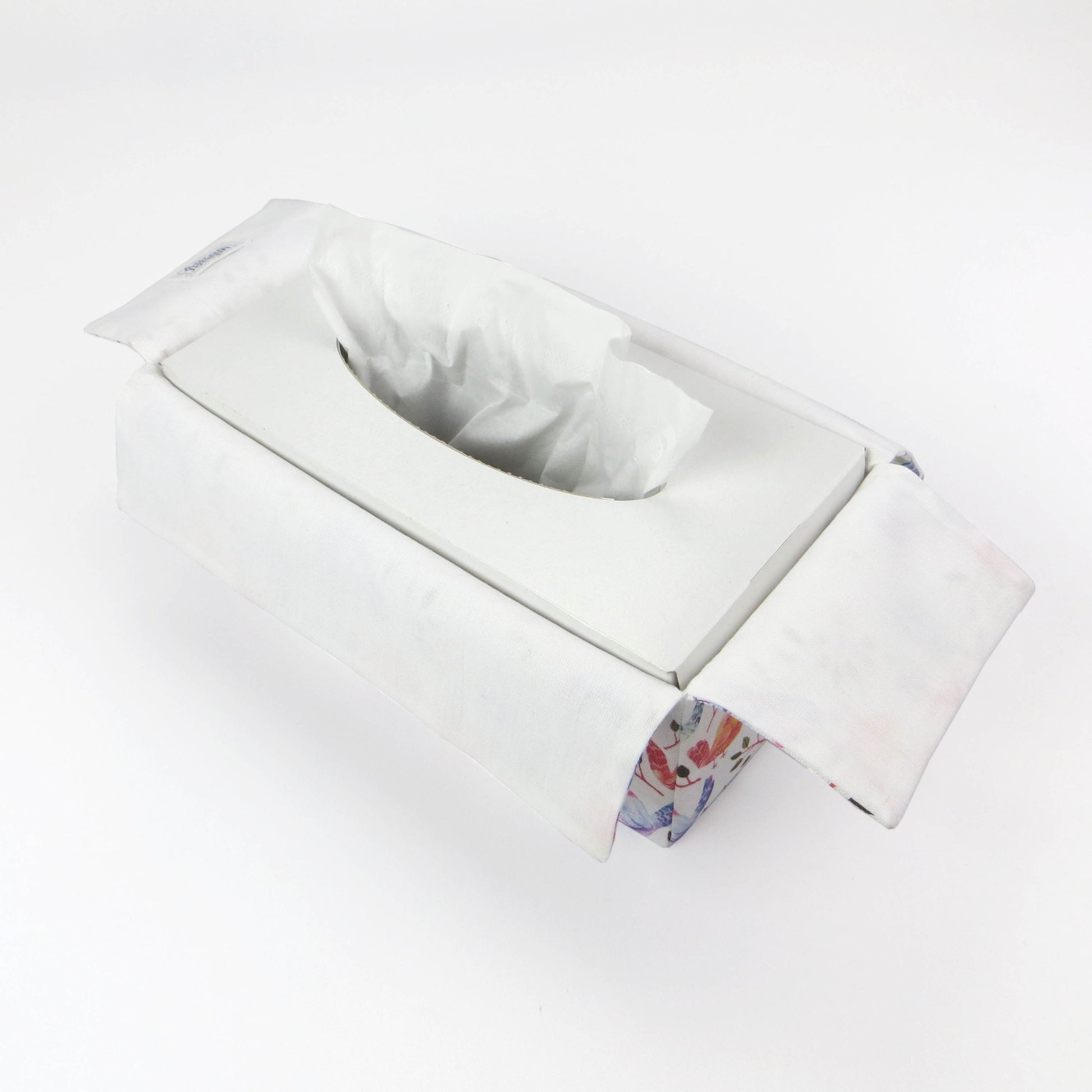 Cotton rectangle tissue box cover with watercolour style blue, purple, and orange sleeping birds on white background