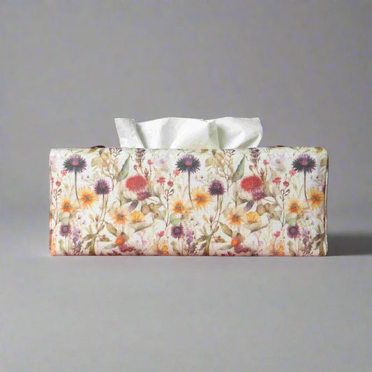 Linen rectangular tissue box cover with  colourful wildflowers in a watercolour-style design