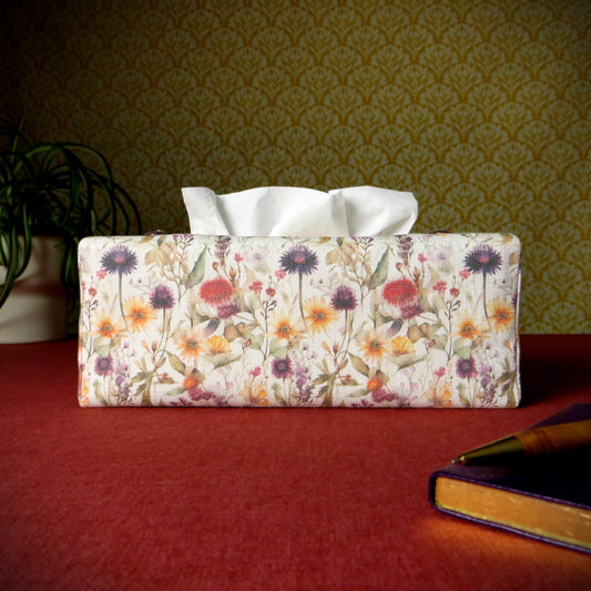 Rectangular Fabric Tissue Box Cover - Watercolour Wildflowers Design on Linen