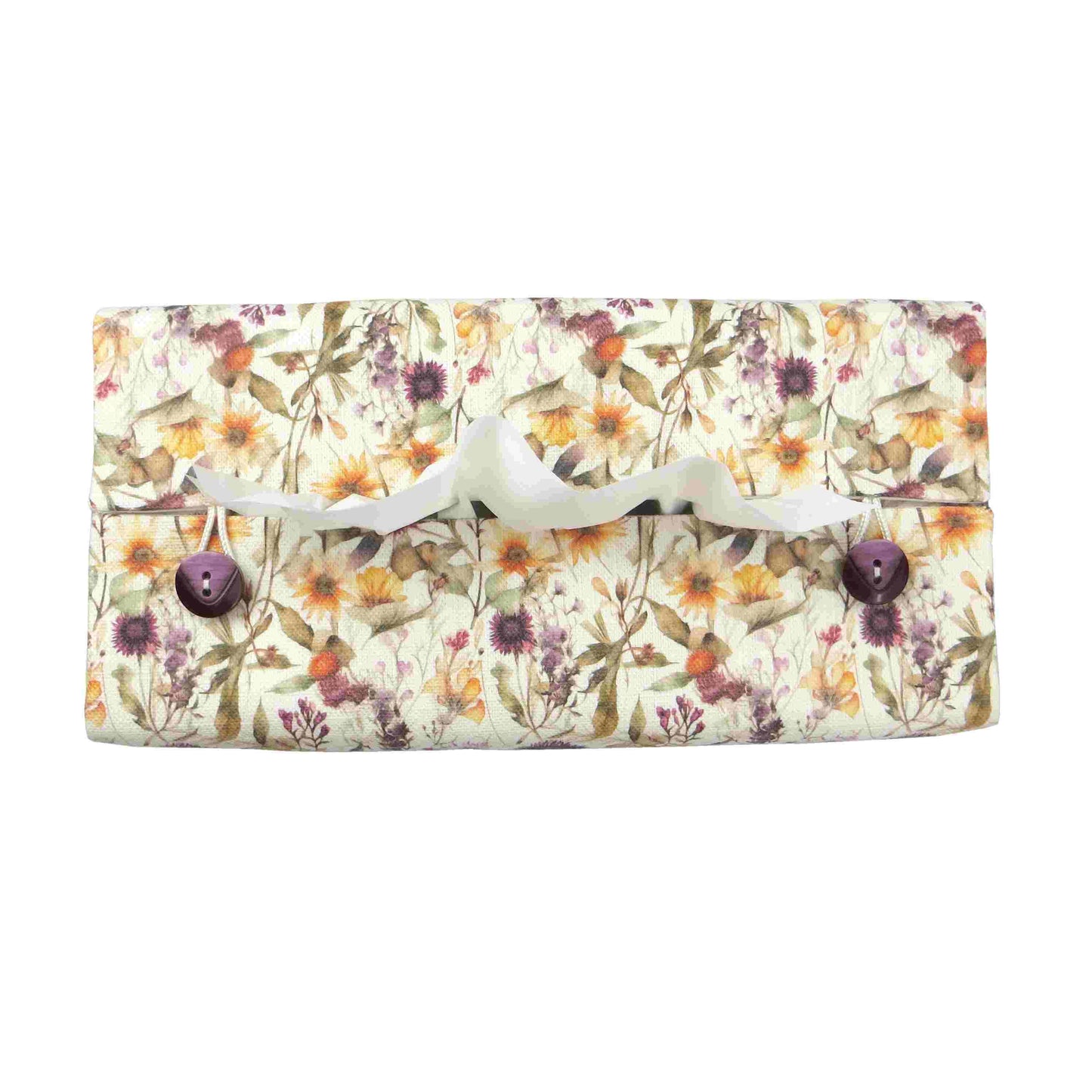 Linen rectangular tissue box cover with  colourful wildflowers in a watercolour-style design