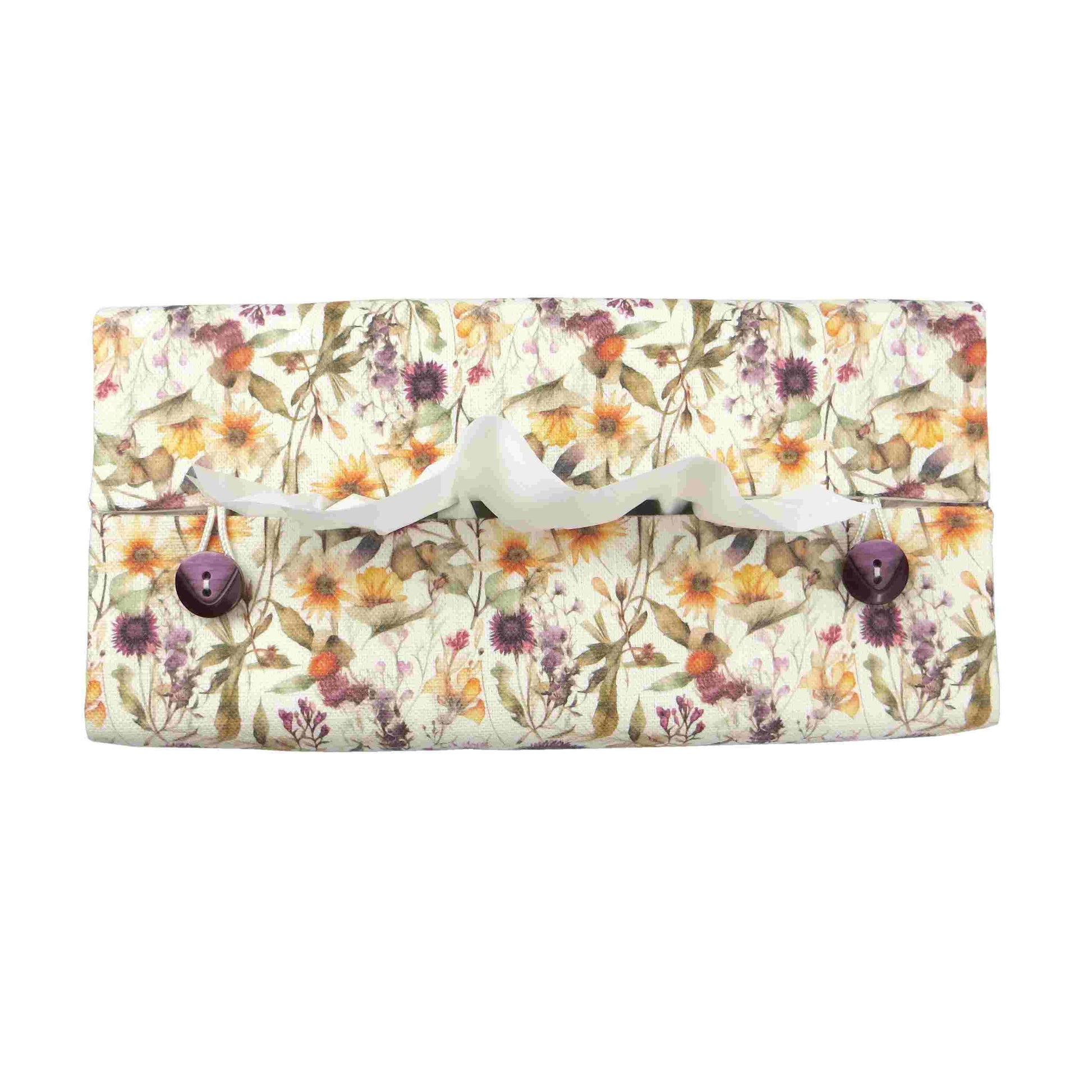 Linen rectangular tissue box cover with  colourful wildflowers in a watercolour-style design