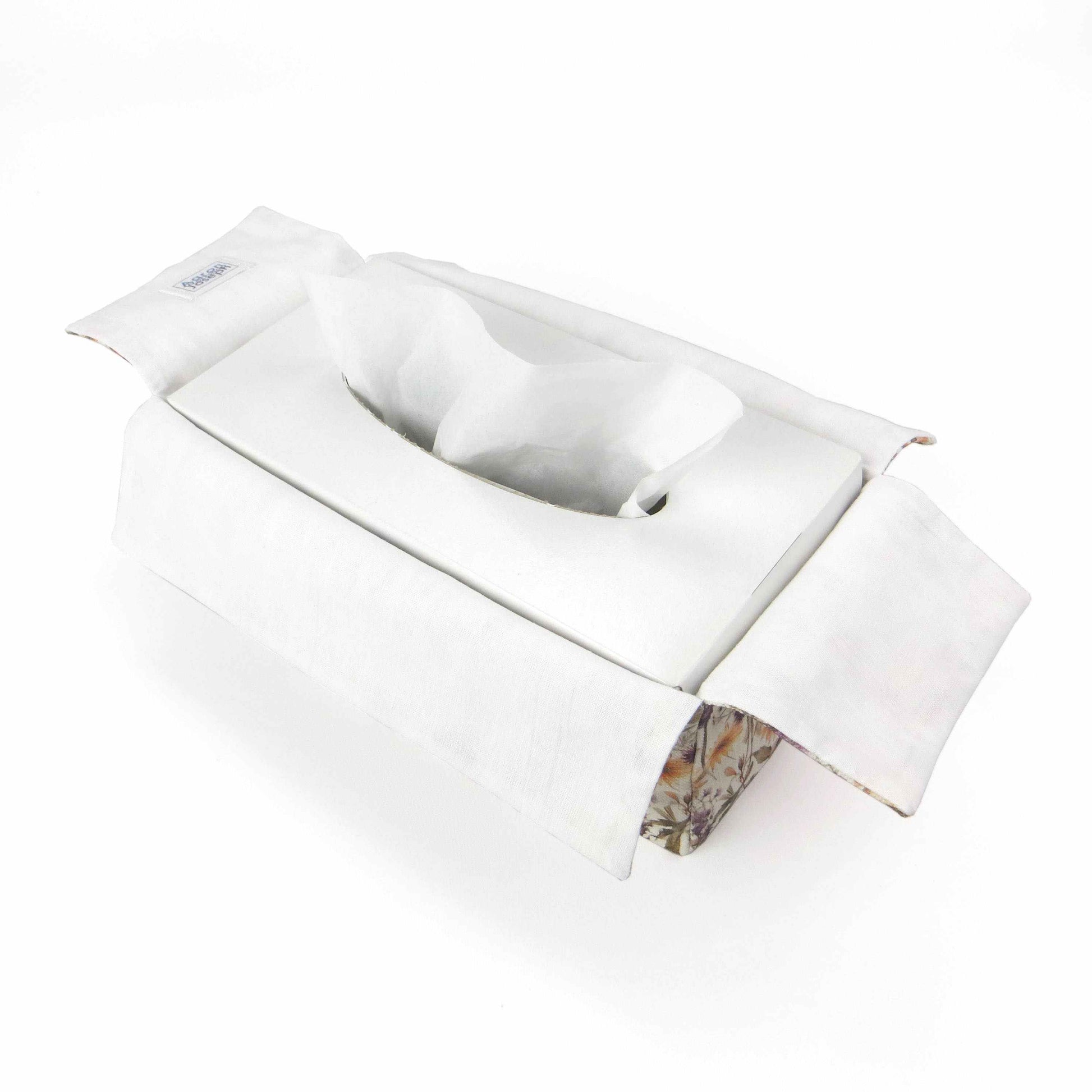 Linen rectangular tissue box cover with  colourful wildflowers in a watercolour-style design