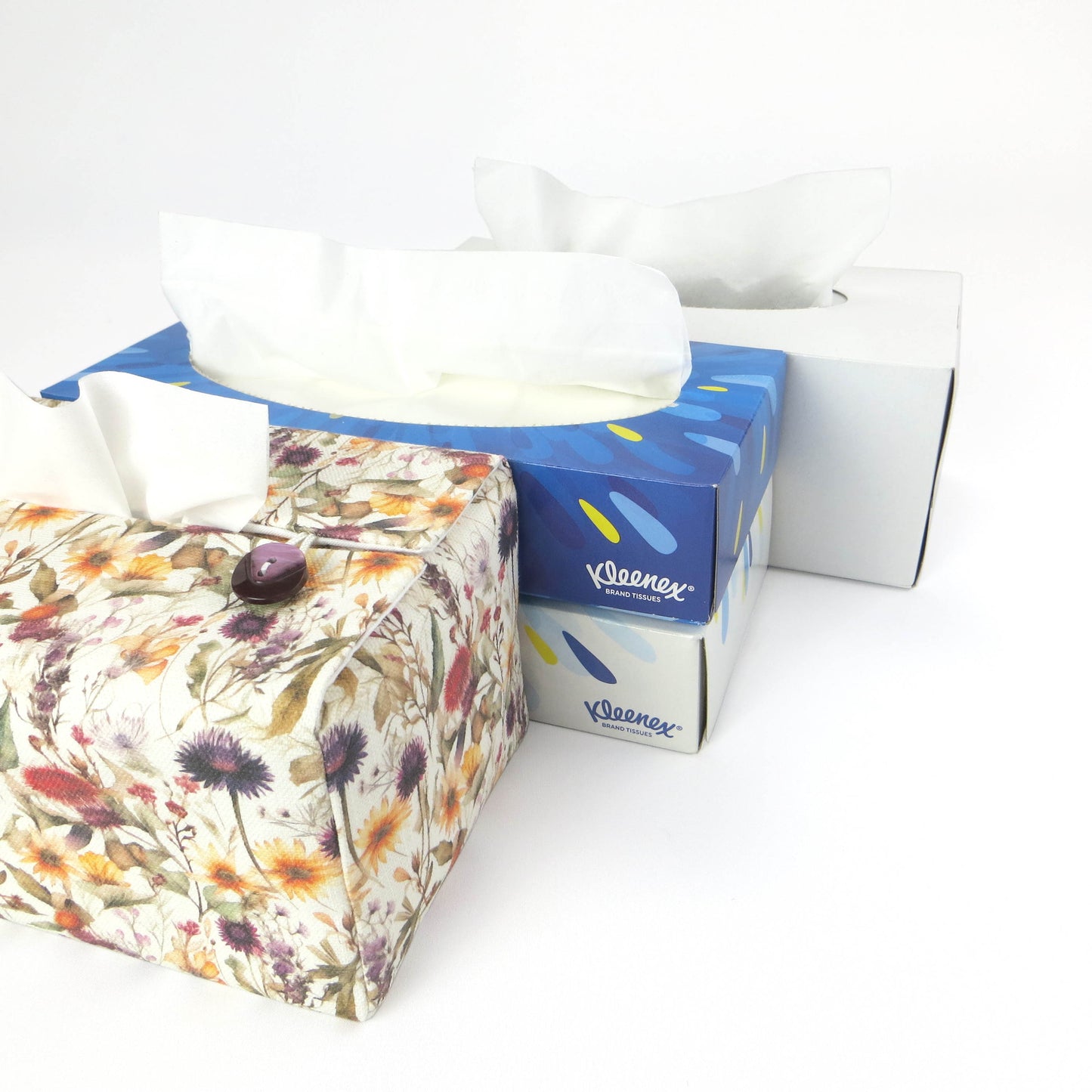Linen rectangular tissue box cover with  colourful wildflowers in a watercolour-style design