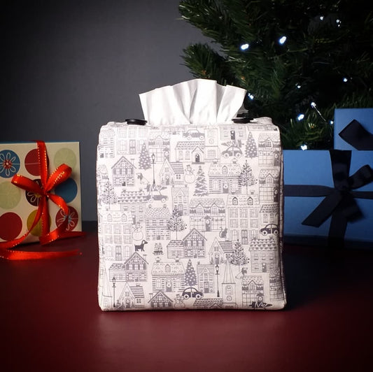 Cube Fabric Tissue Box Cover - Winter Village Christmas Design