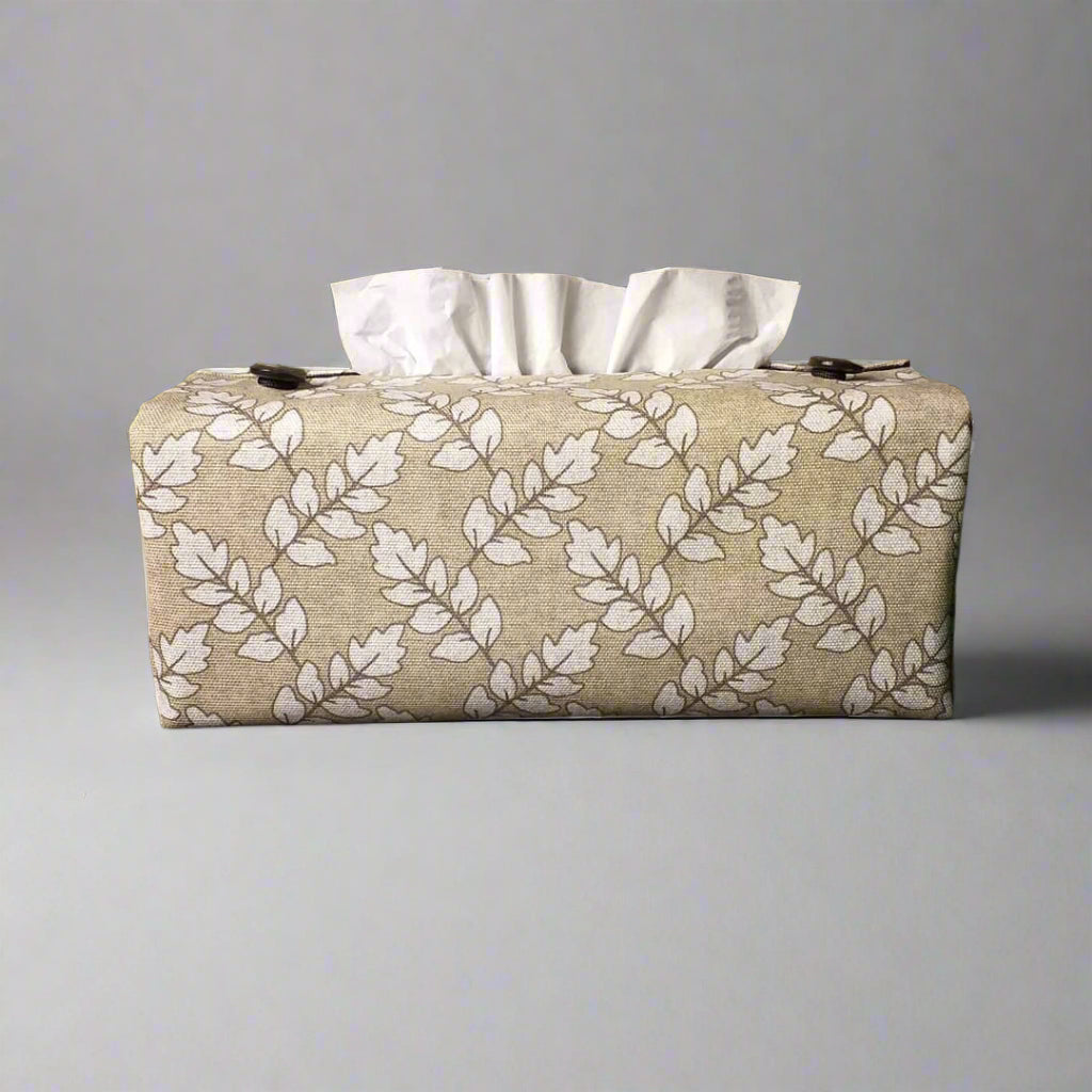 Printed cotton rectangle tissue box cover with off-white ash leaf pattern on oatmeal colour background