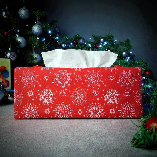 Rectangular Fabric Tissue Box Cover - Snowflakes on Red Christmas Design