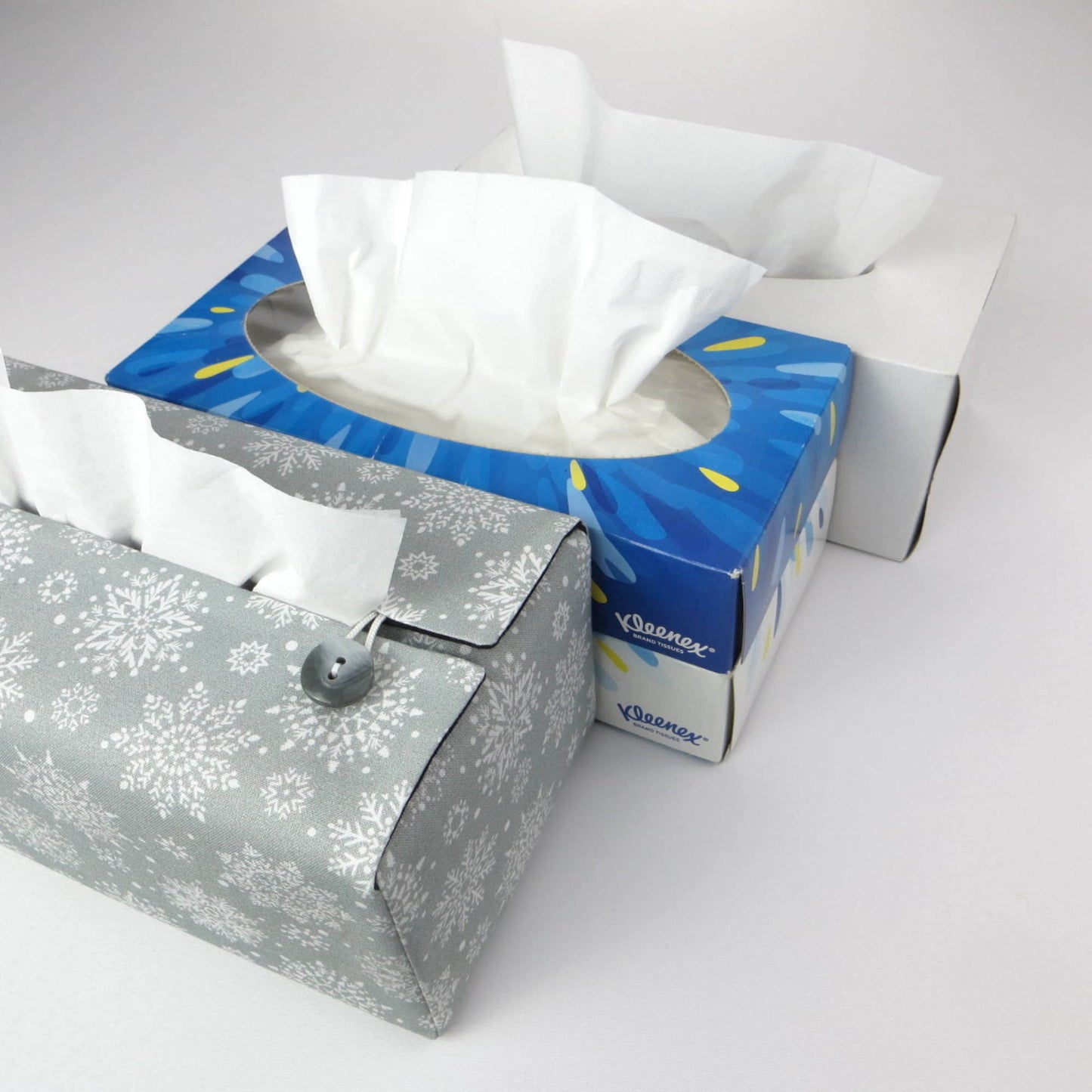 Rectangular Fabric Tissue Box Cover - Snowflakes on Grey Christmas Design