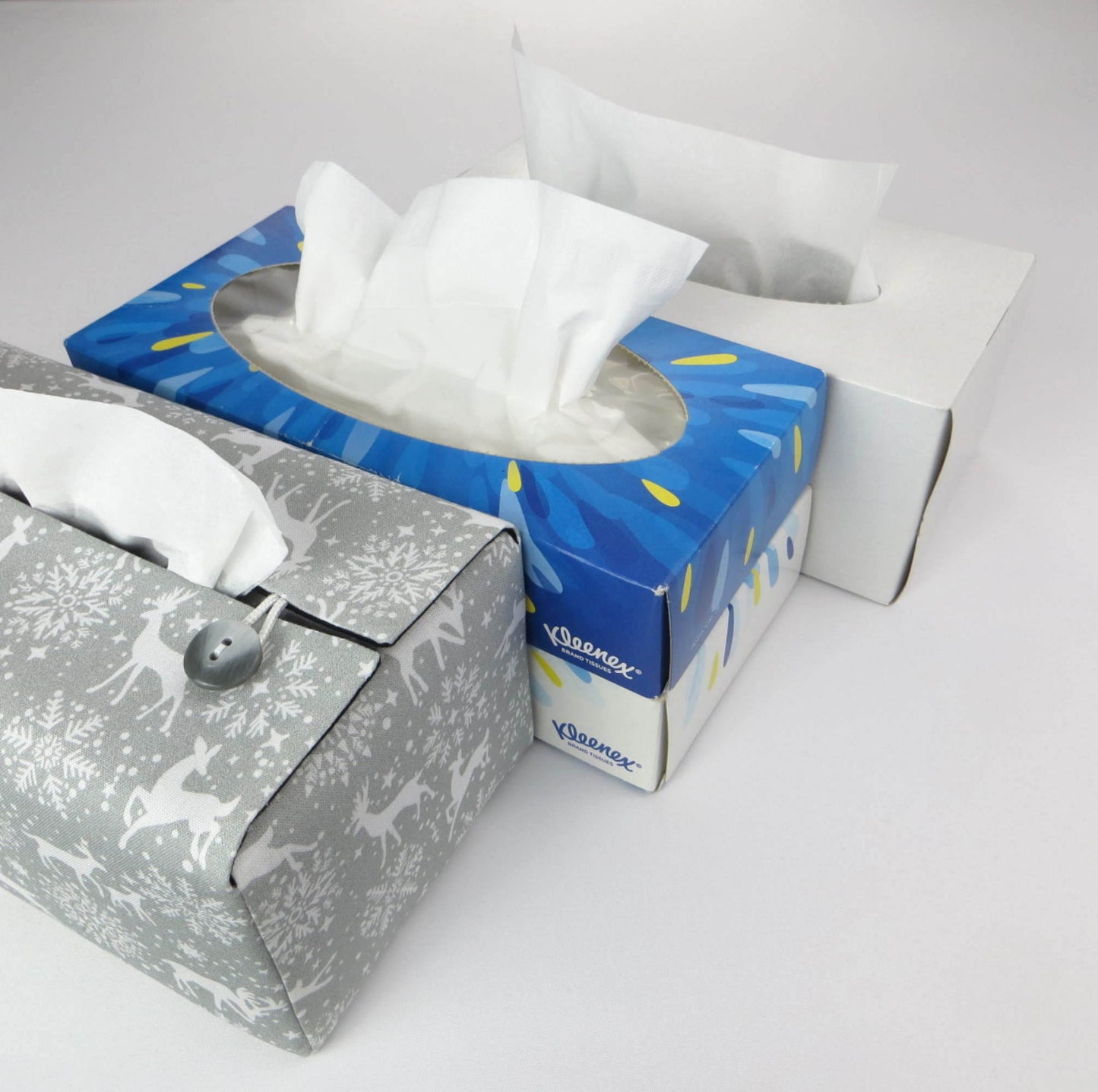 Rectangular Fabric Tissue Box Cover - Reindeer on Grey Christmas Design