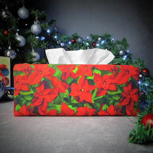 Rectangular Fabric Tissue Box Cover - Poinsettia Christmas Design