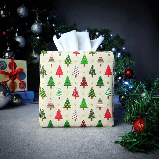 Cube Fabric Tissue Box Cover - Decorated Trees Christmas Design