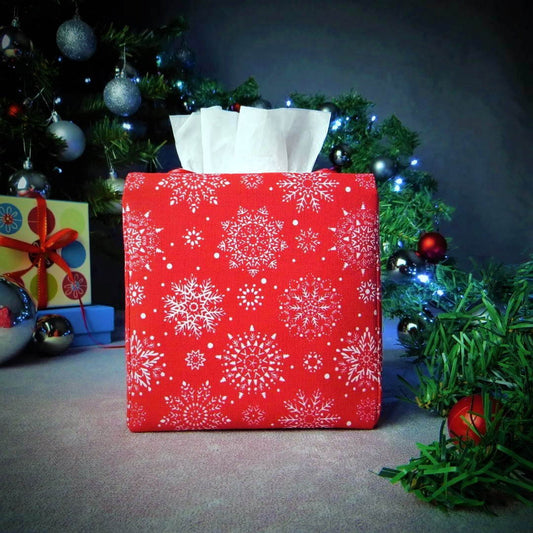 Cube Fabric Tissue Box Cover - Snowflakes on Red Christmas Design