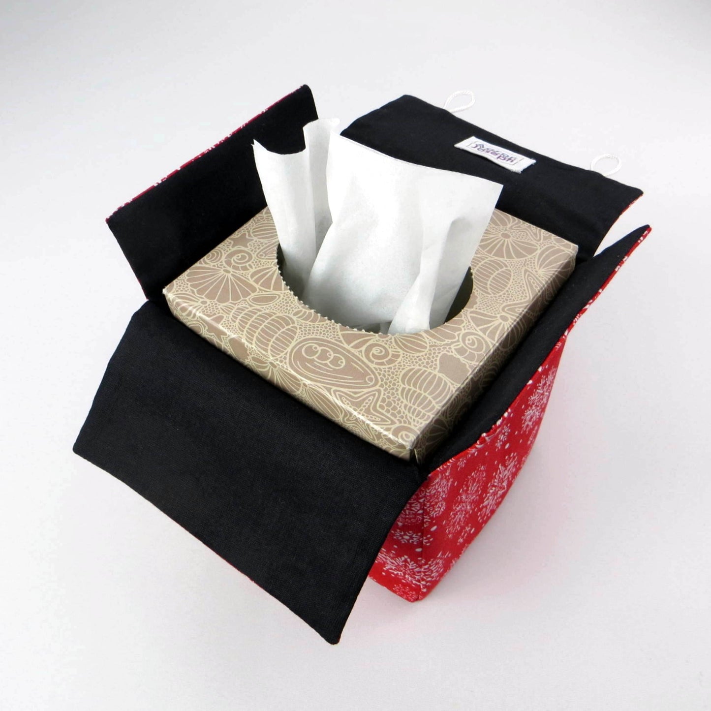 Cube Fabric Tissue Box Cover - Snowflakes on Red Christmas Design