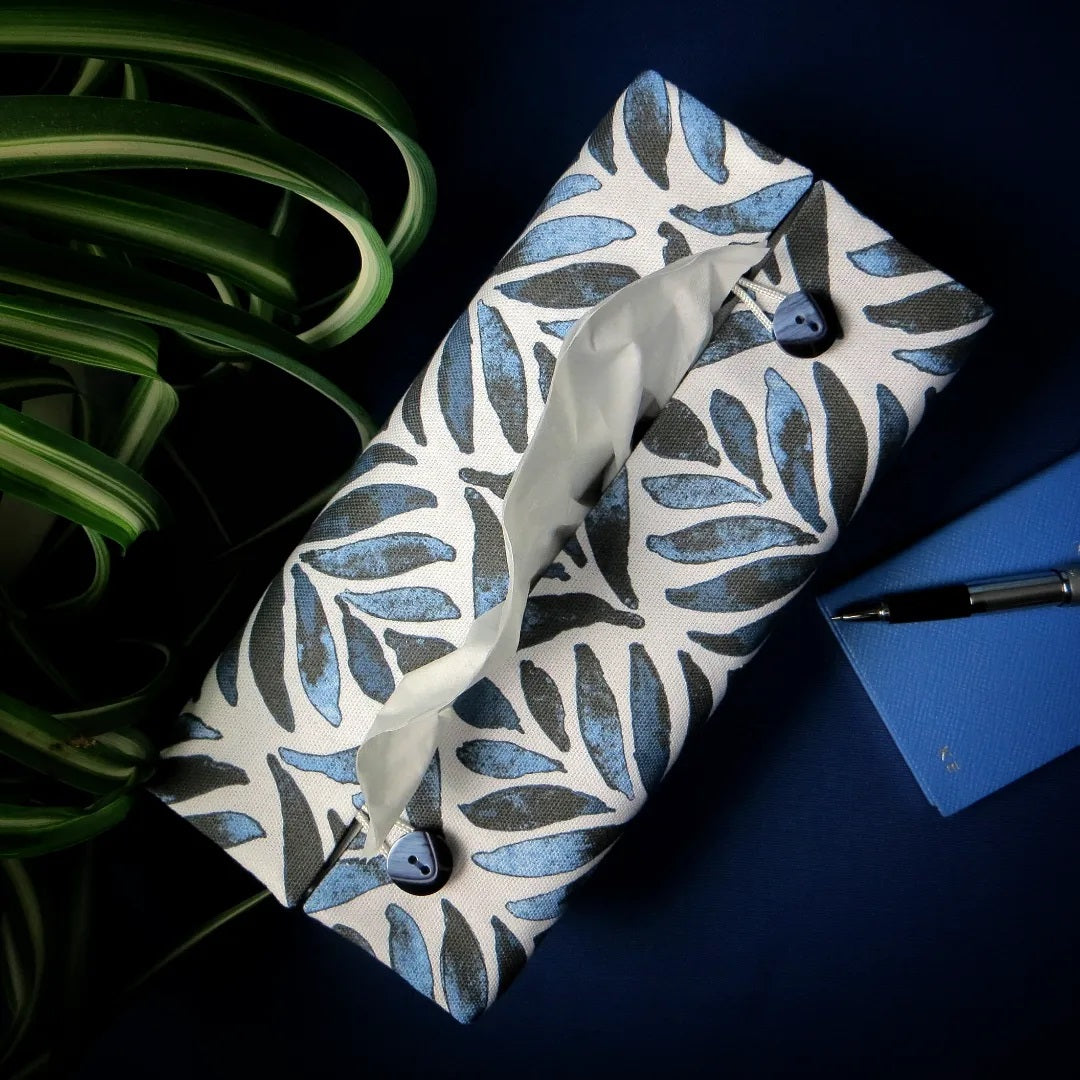 Rectangular Fabric Tissue Box Cover - Navy Watercolour Leaves