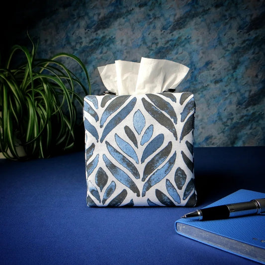 Cube Fabric Tissue Box Cover - Navy Watercolour Leaves