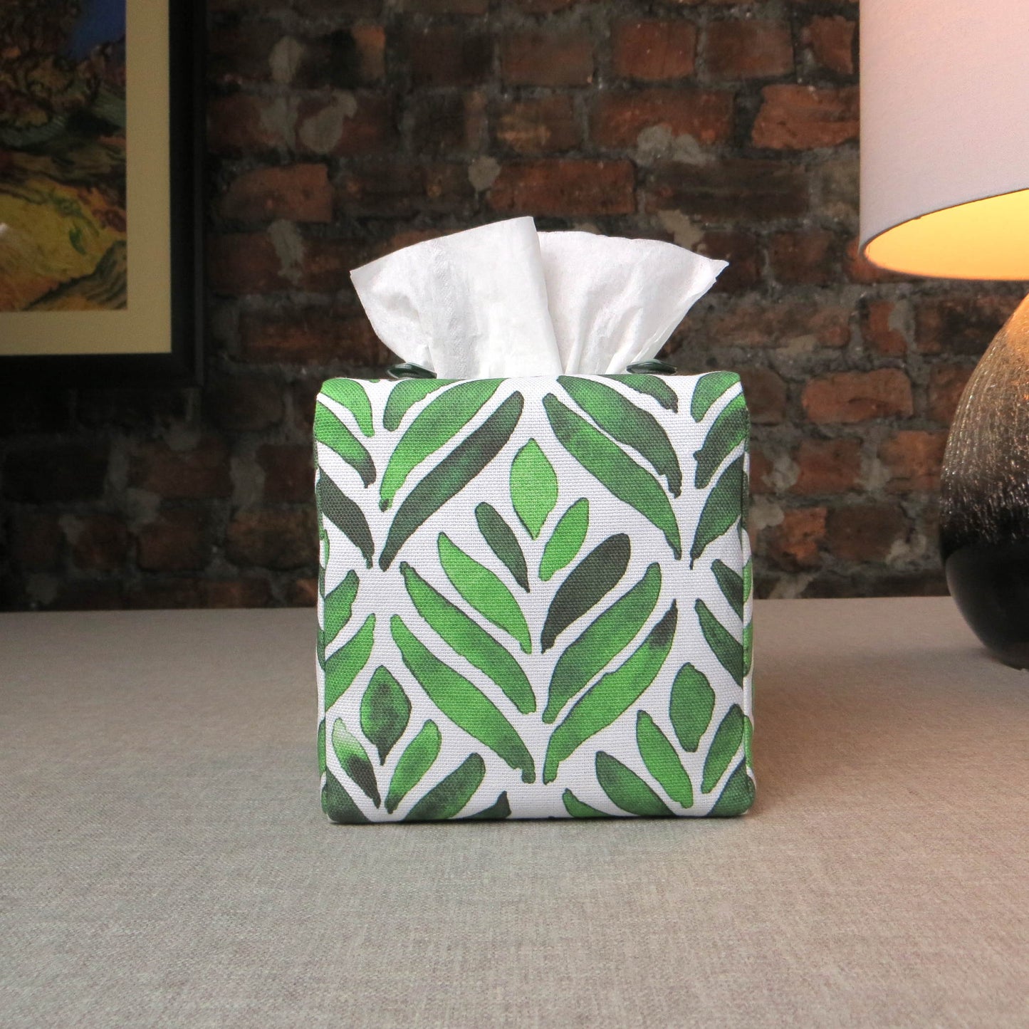 Cube Fabric Tissue Box Cover - Green Watercolour Leaves