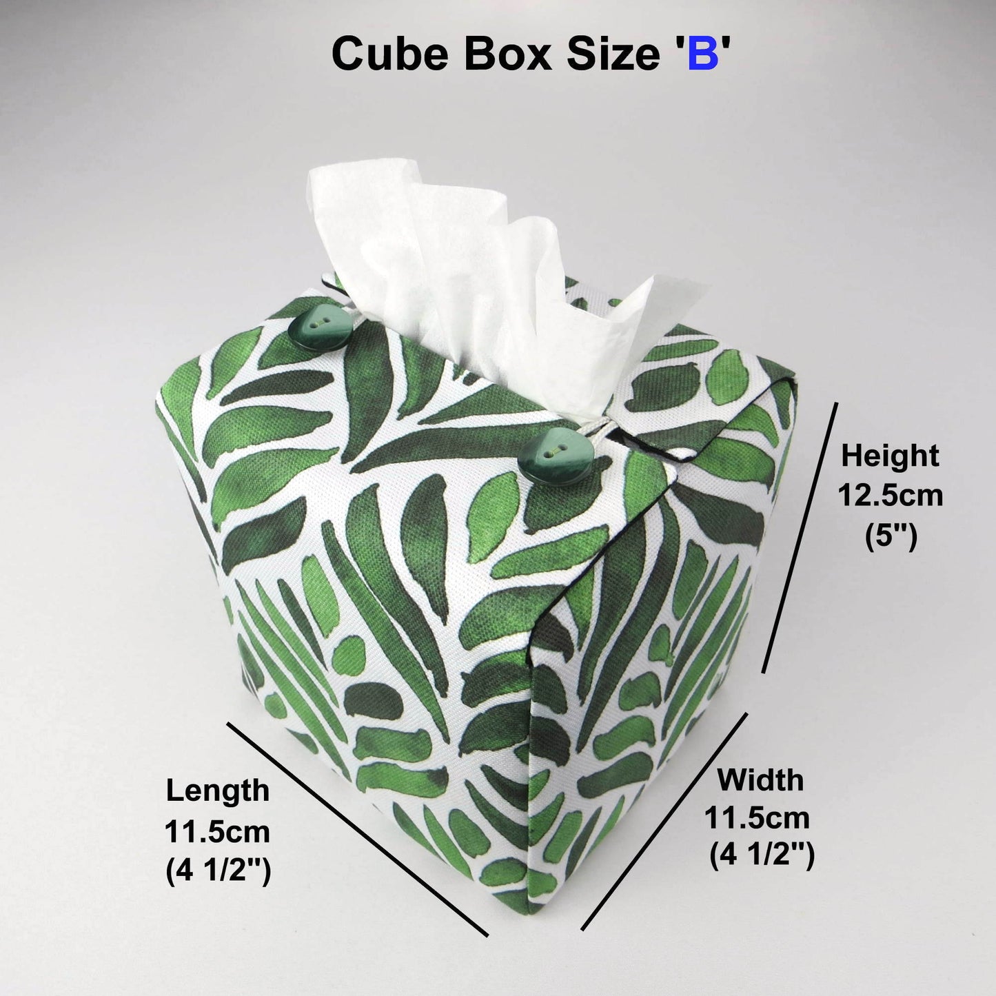 Square tissue box cover with green watercolour style leaf pattern on white background