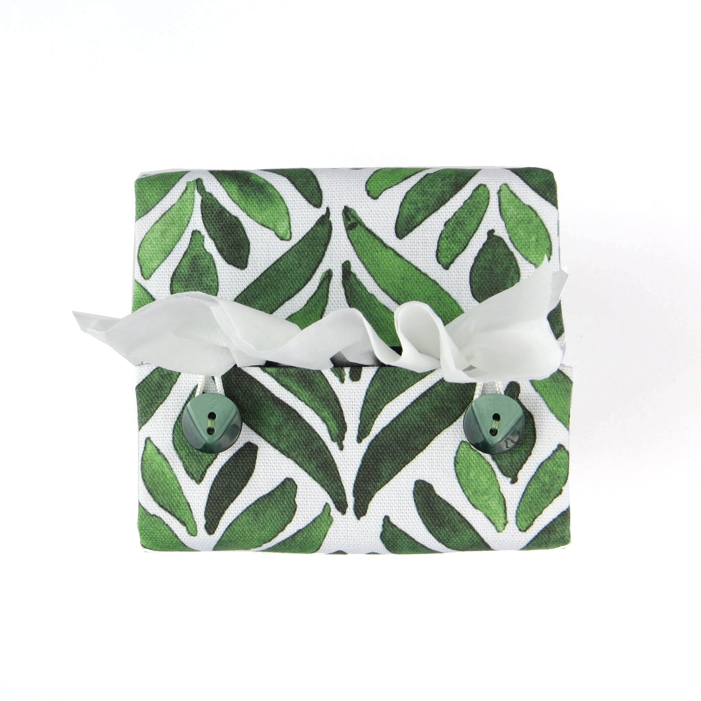 Cube Fabric Tissue Box Cover - Green Watercolour Leaves