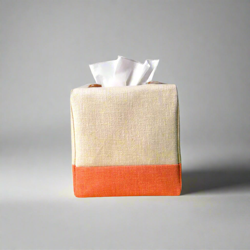 Square tissue box cover with sand colour top and orange base