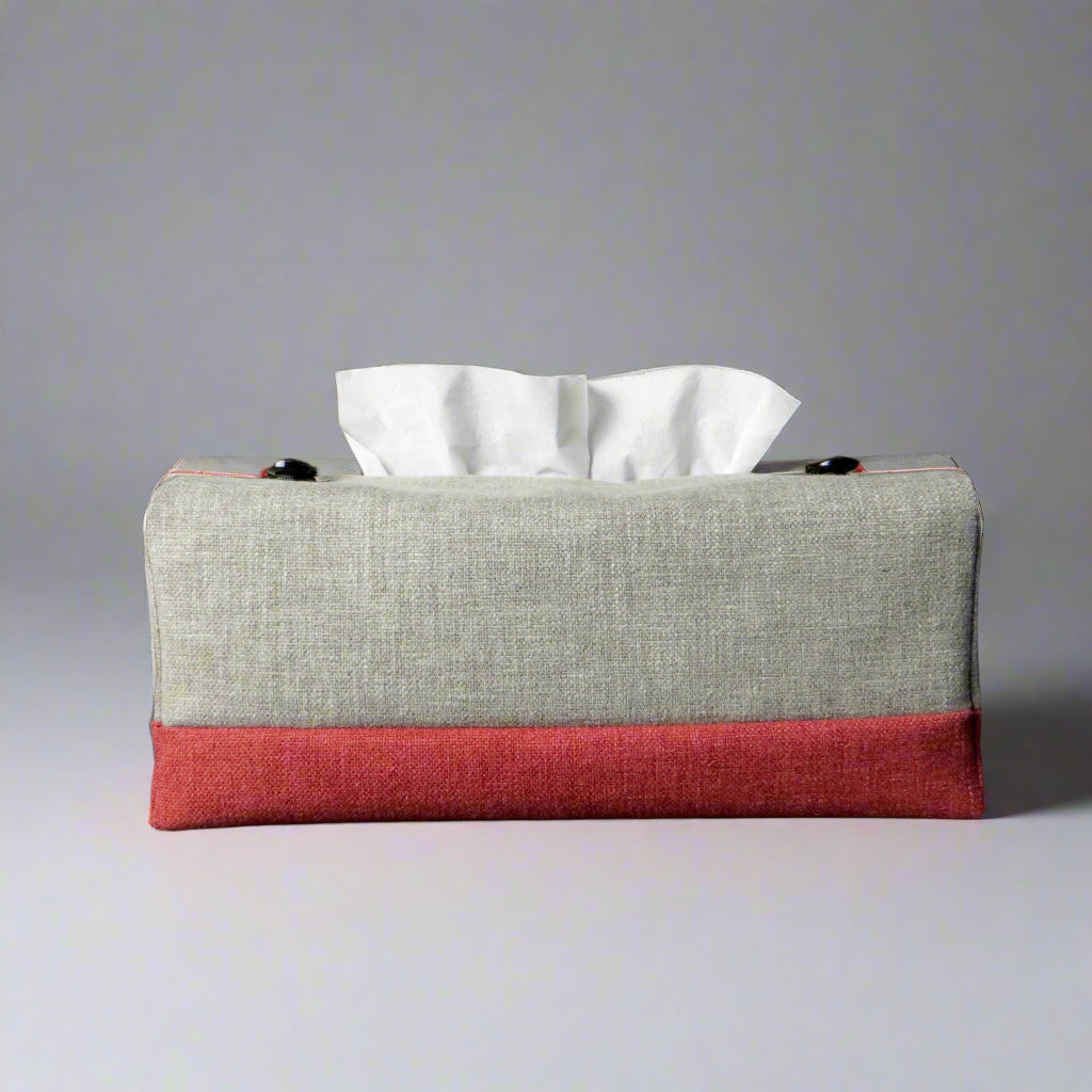 Rectangle tissue box cover with taupe top and burgundy base