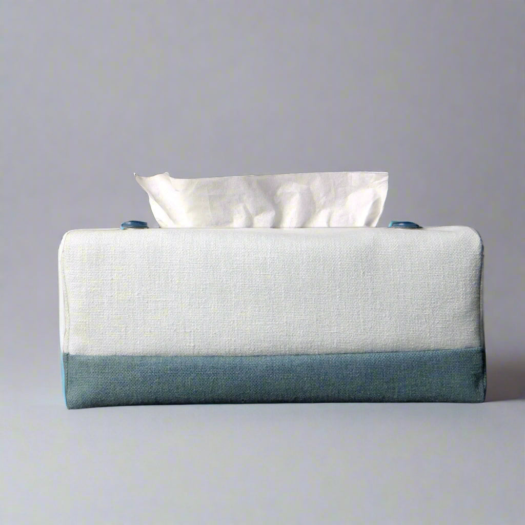Rectangle tissue box cover with light blue top and dark blue base
