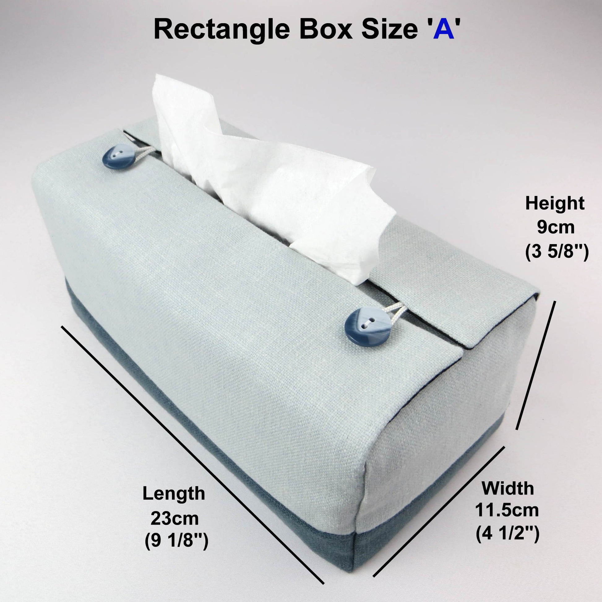 Rectangle tissue box cover with light blue top and dark blue base