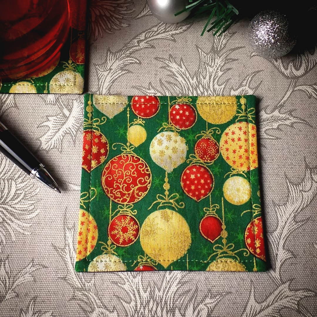 Square Fabric Coaster Set of 2 - Christmas Baubles Design