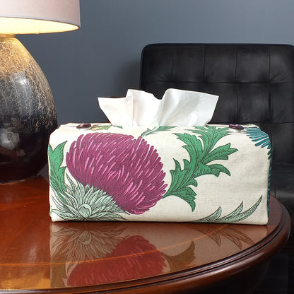 Rectangle tissue box cover with multi colour large botanical design on off-white background