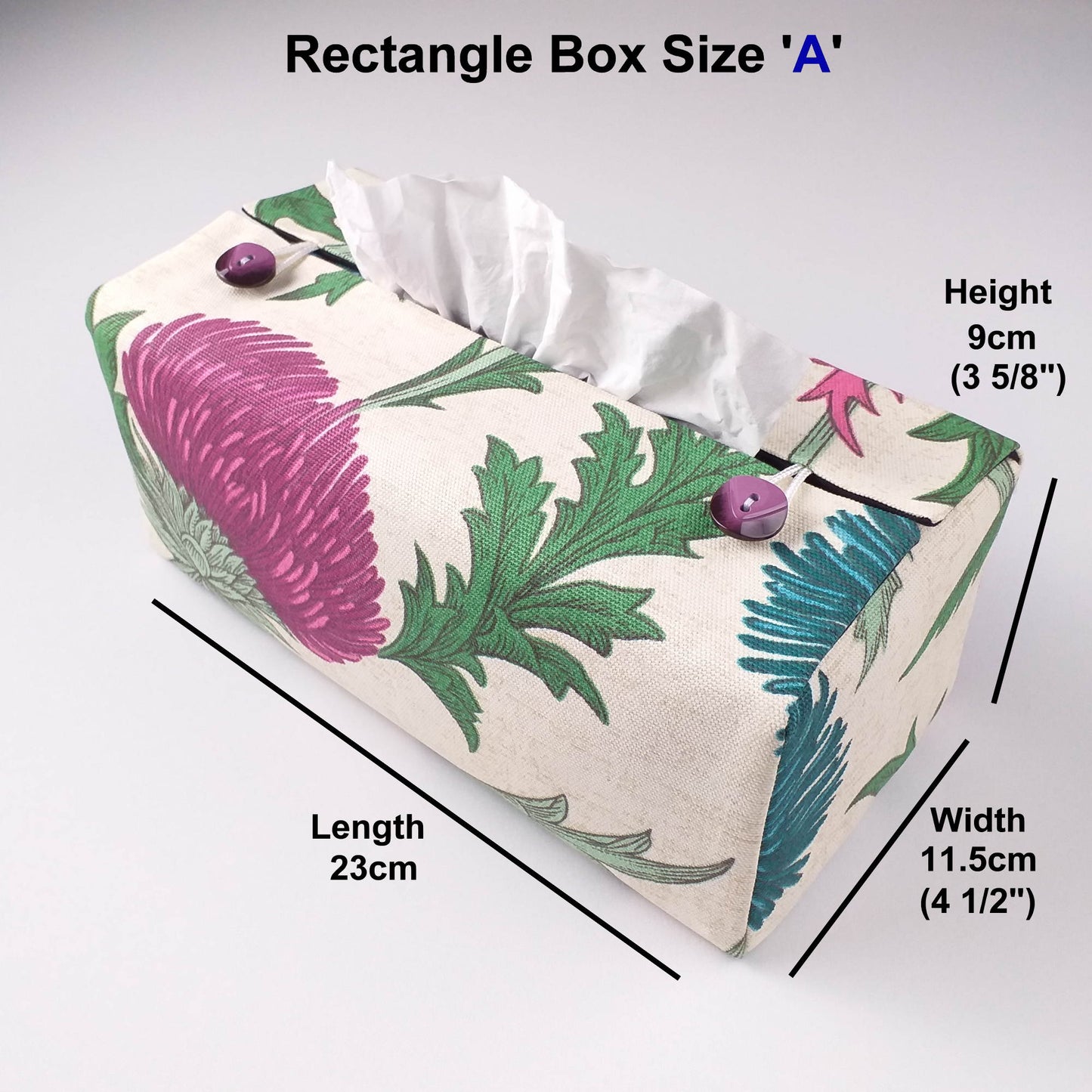 Rectangle tissue box cover with multi colour large botanical design on off-white background