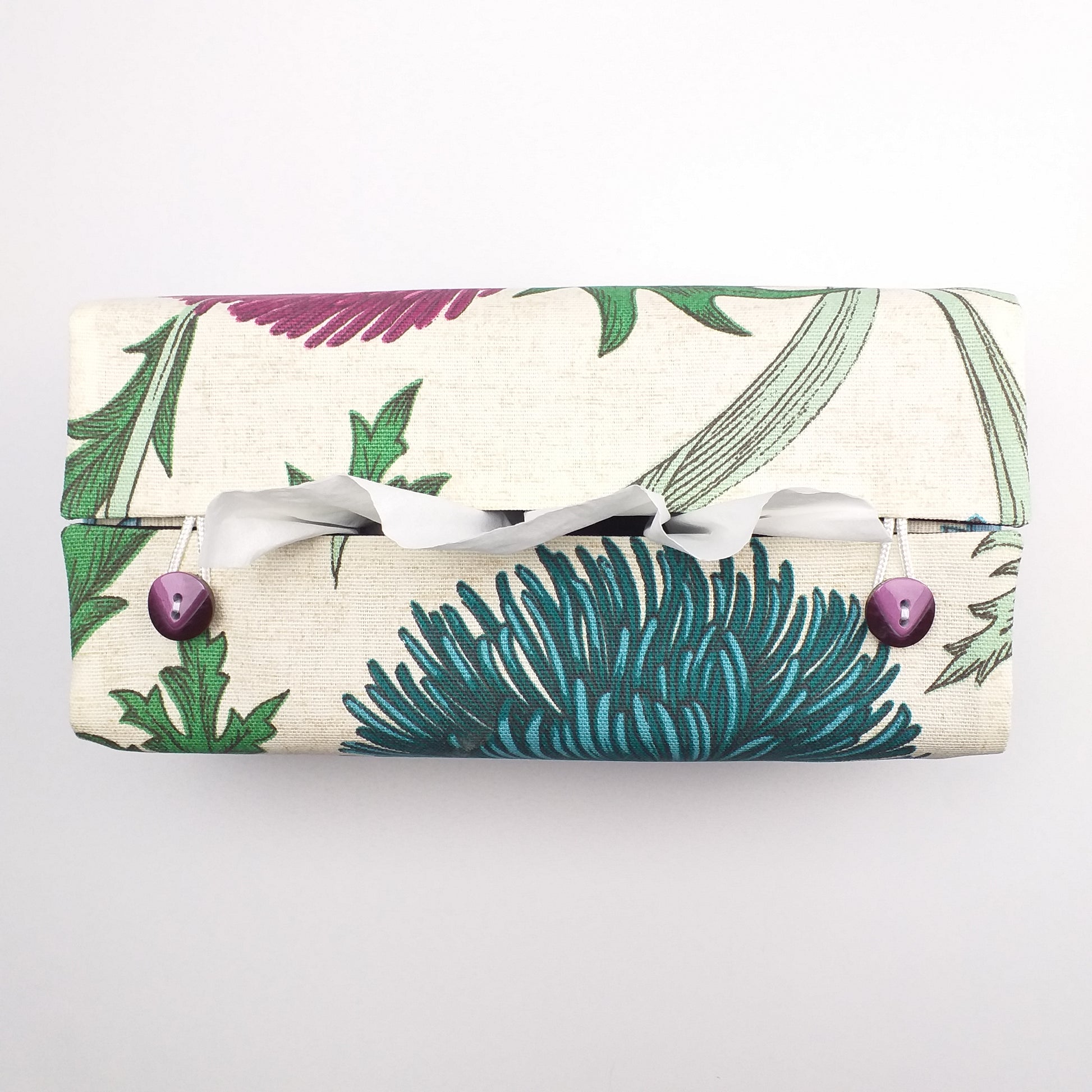 Rectangle tissue box cover with multi colour large botanical design on off-white background