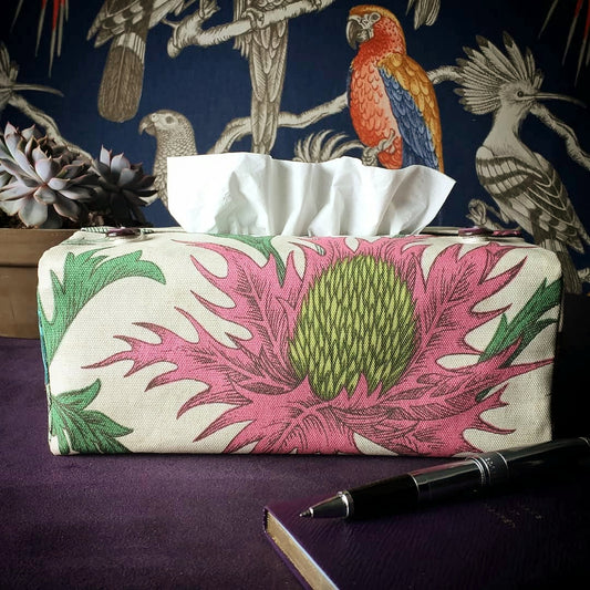 Rectangle tissue box cover with multi colour large botanical design on off-white background