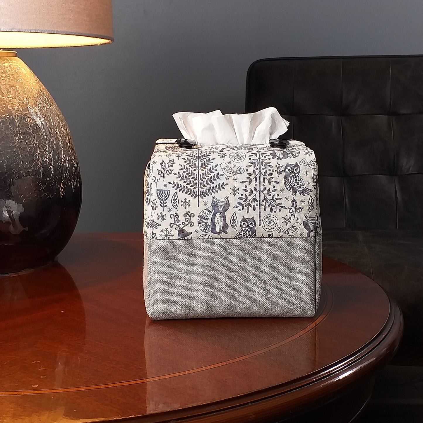 Cube Fabric Tissue Box Cover - Two Tone Winter Forest Christmas Design