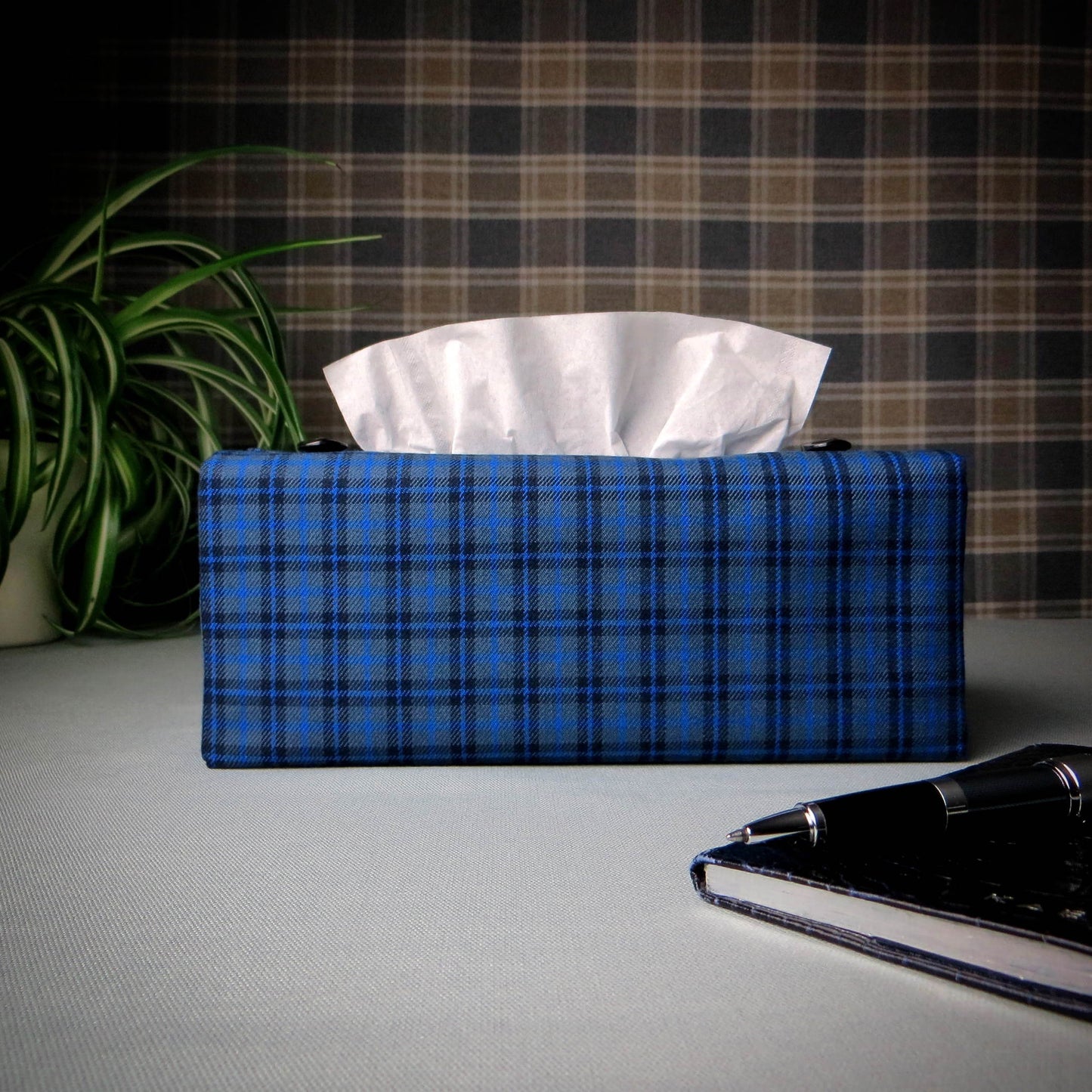 Rectangle tissue box cover with blue and black plaid pattern