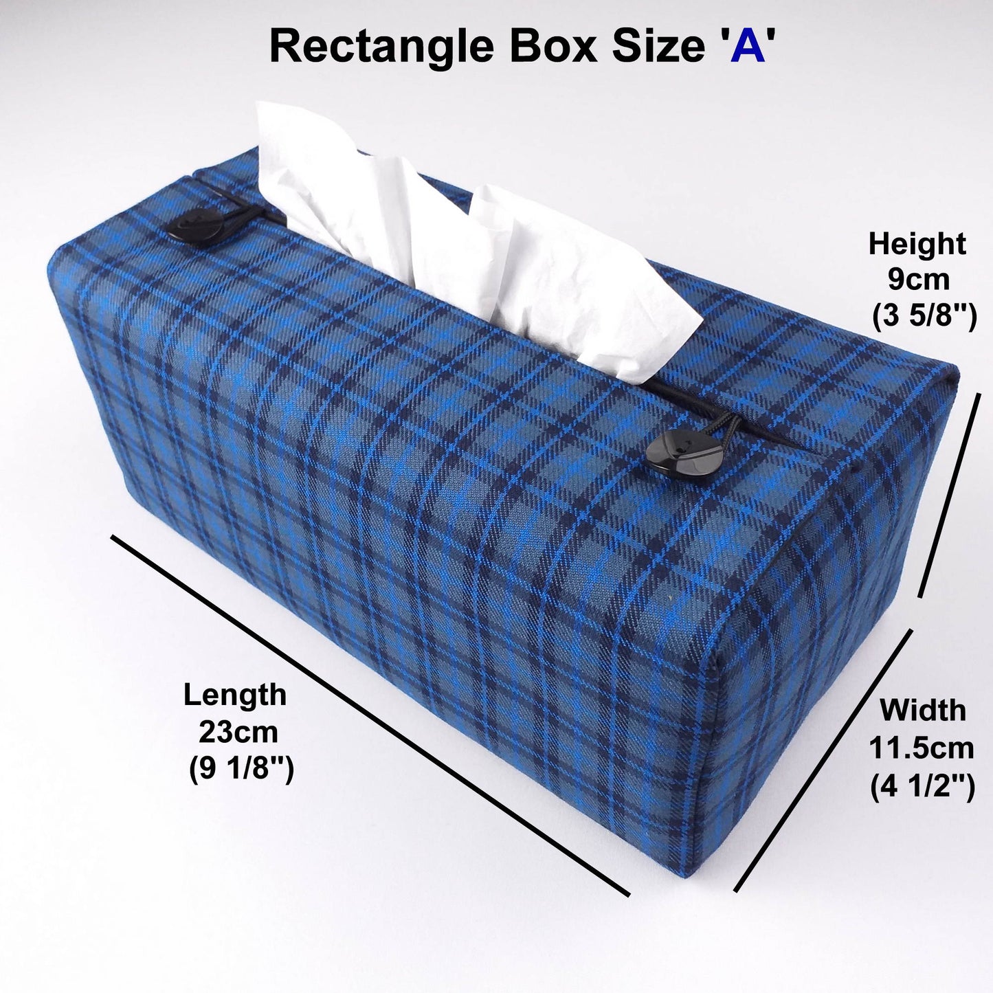 Rectangle tissue box cover with blue and black plaid pattern